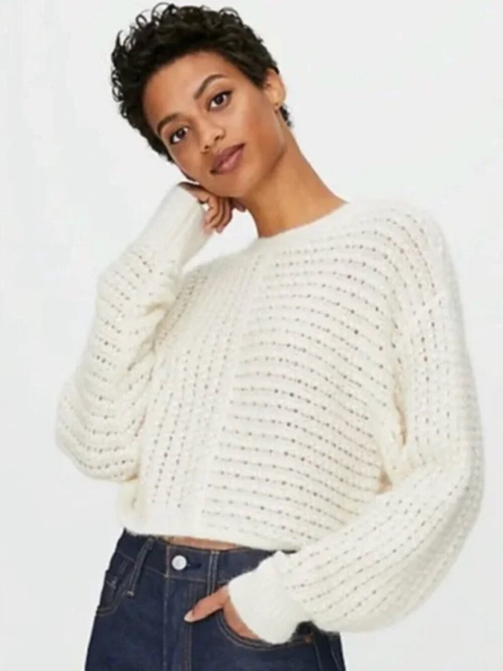Wilfred Free Aritzia Mohair Alpaca Blend Cropped Pointelle Sweater Cream, sz S